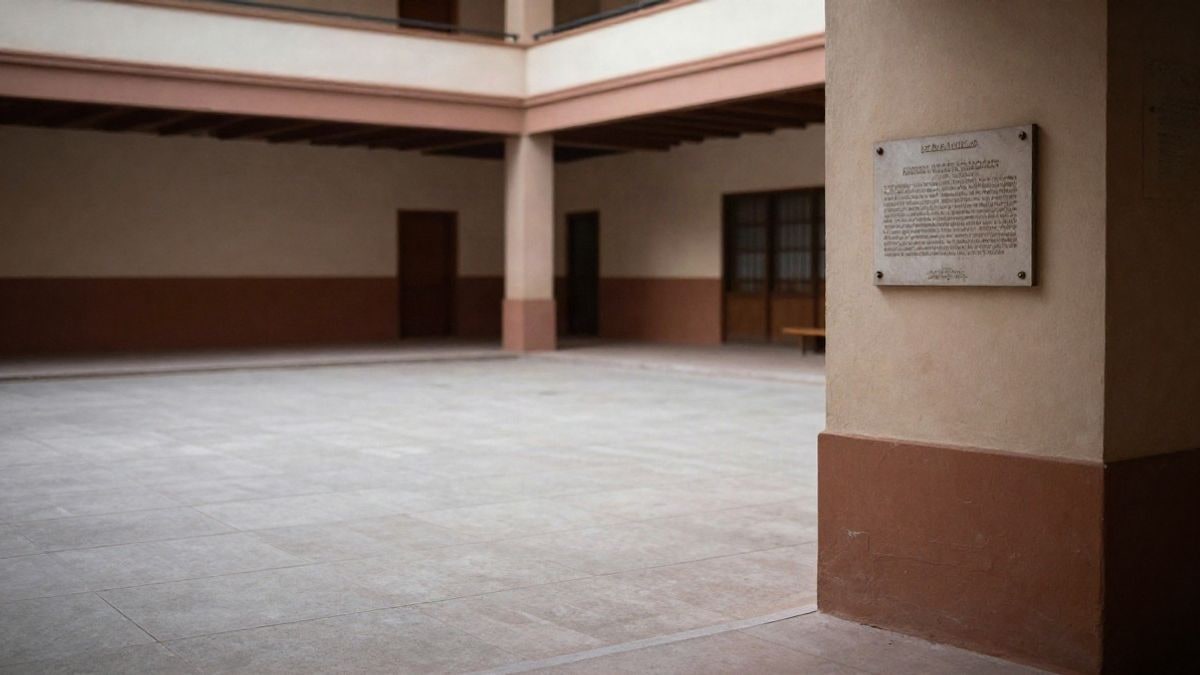 Imagen ilustrativa: patio de un colegio con placa conmemorativa en la pared y una figura lejana