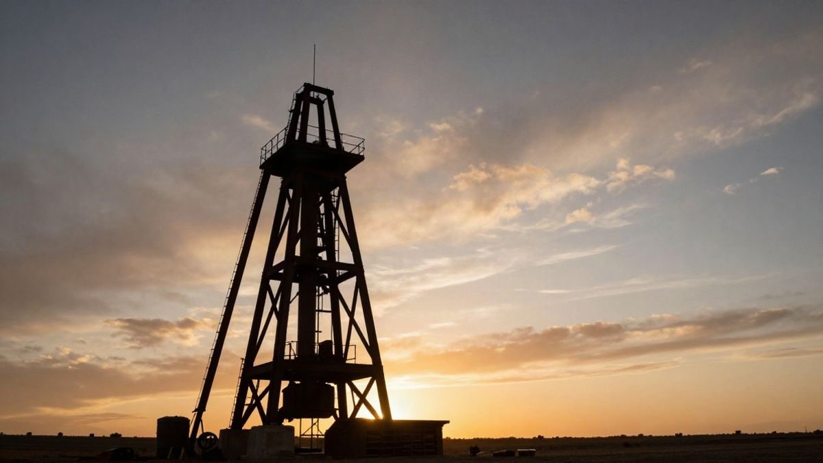 Imagen ilustrativa: ángulo bajo de una torre de extracción minera contra un cielo al atardecer