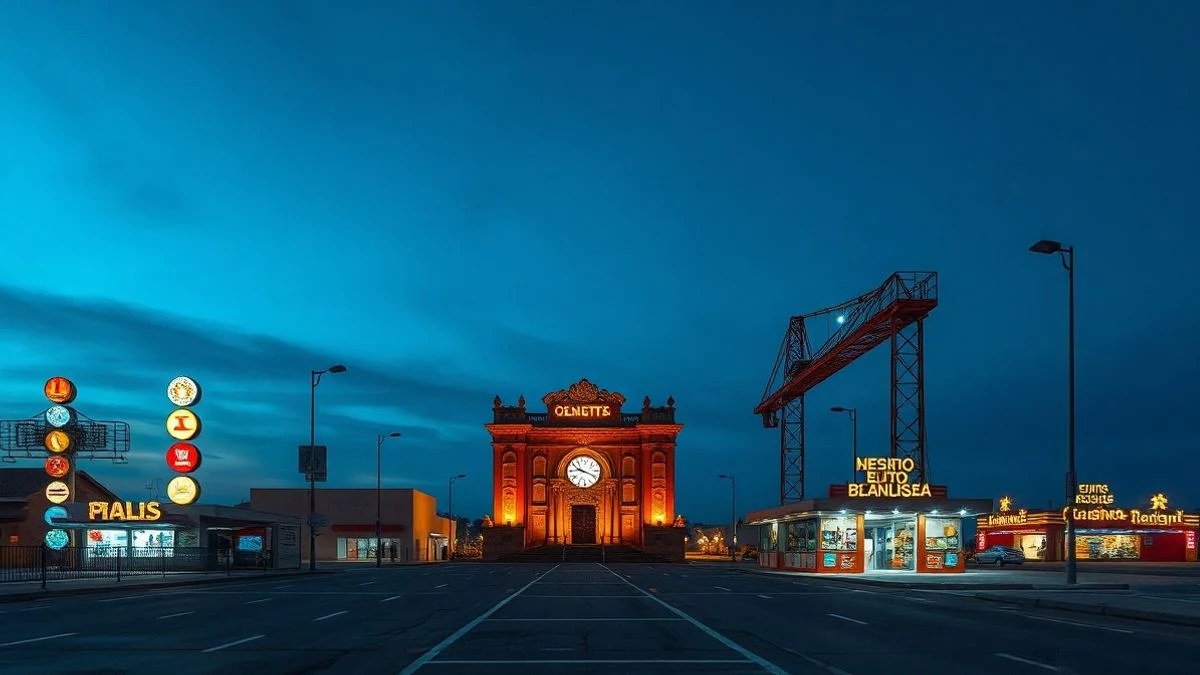 Imagen ilustrativa: recinto ferial con casetas iluminadas y fuegos artificiales al fondo, sin personas visibles.