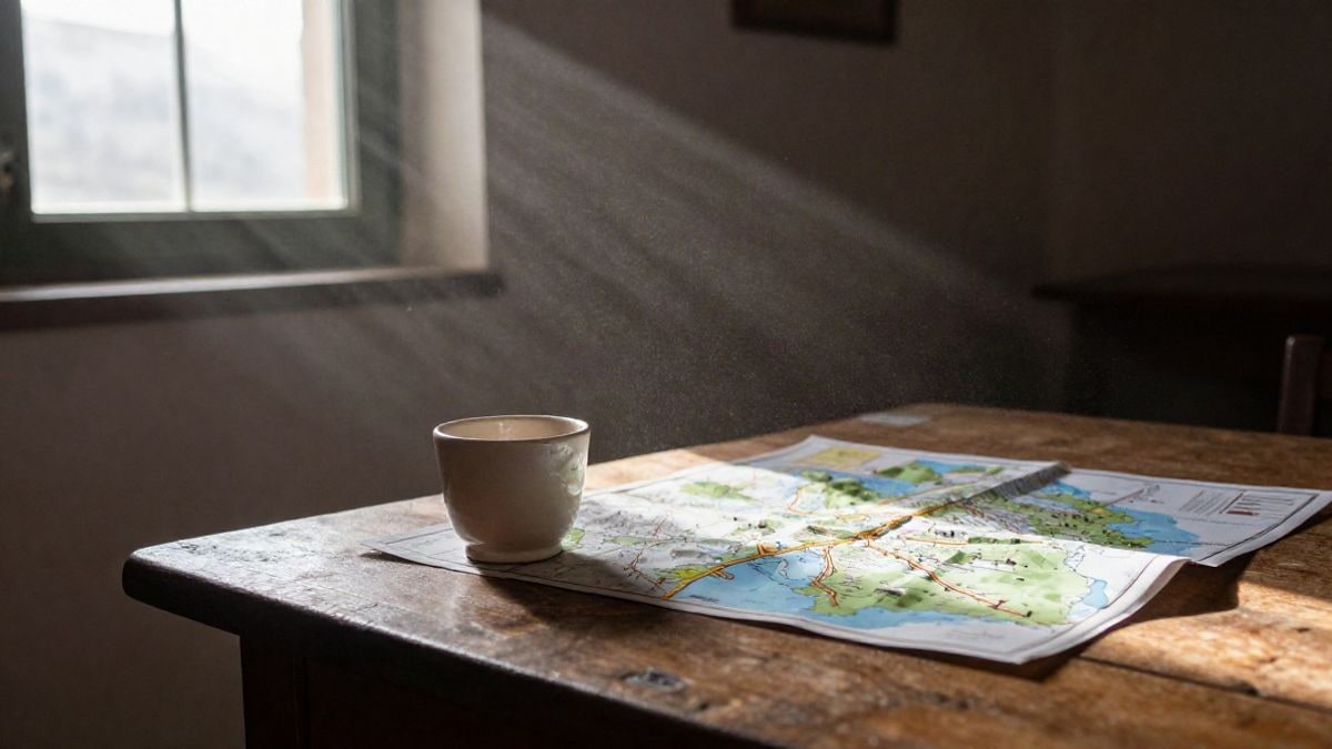 Imagen ilustrativa: escena de interior con luz de ventana lateral sobre una mesa de madera con un mapa doblado
