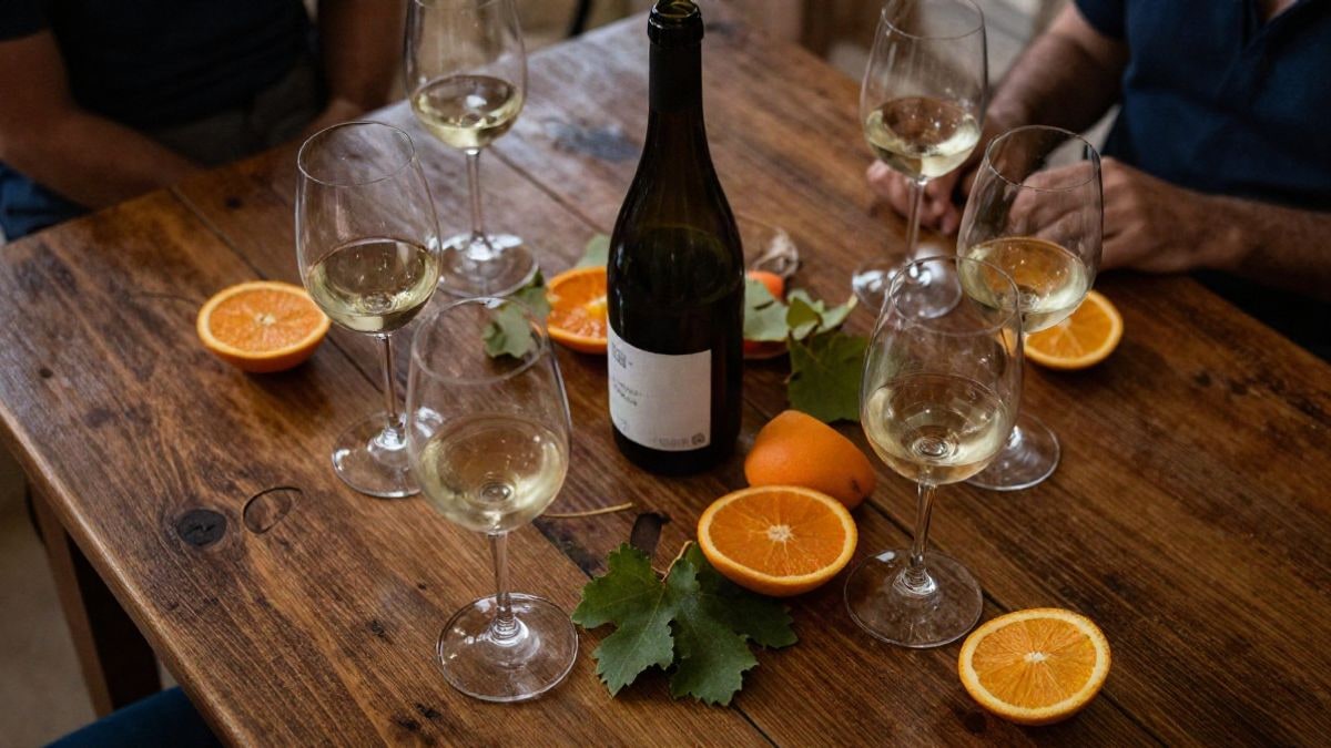 Imagen ilustrativa: vista cenital de una mesa de cata con copas de vino blanco, naranjas y hojas de parra.