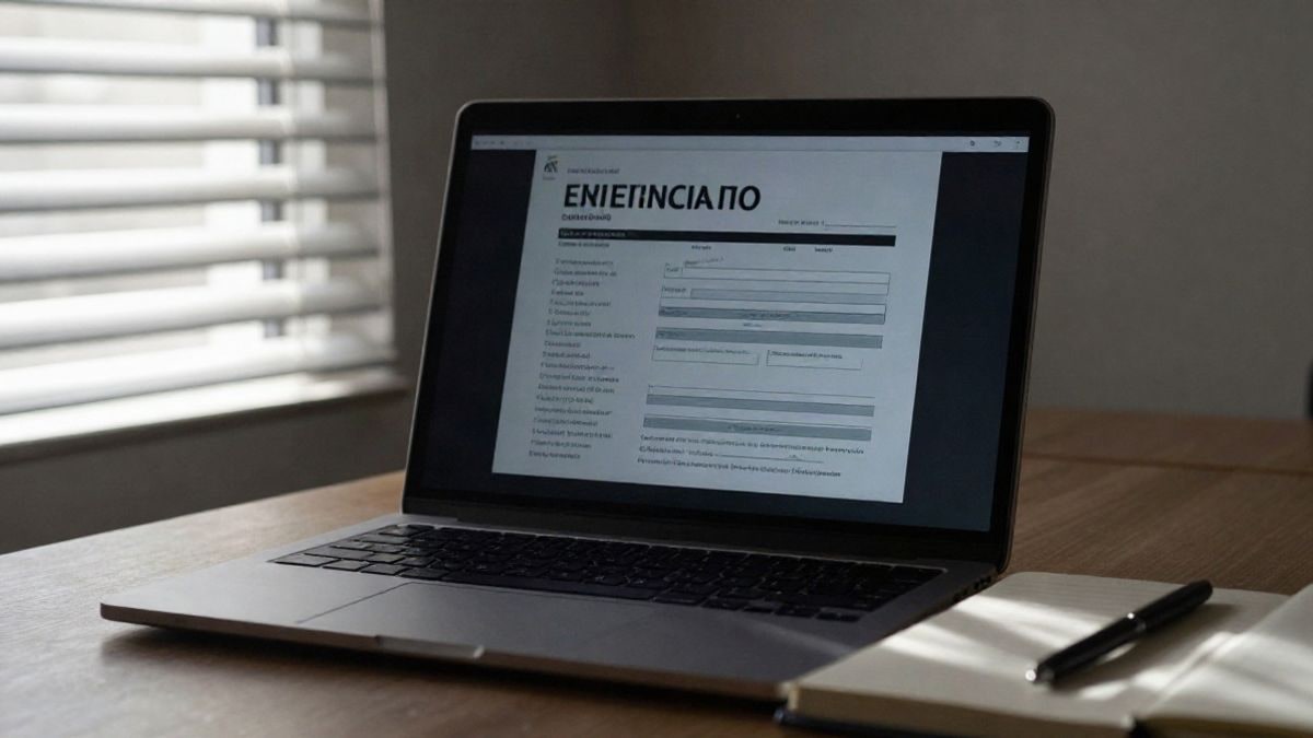 Imagen ilustrativa: escritorio con ordenador portátil y formulario de solicitud de empleo en una oficina
