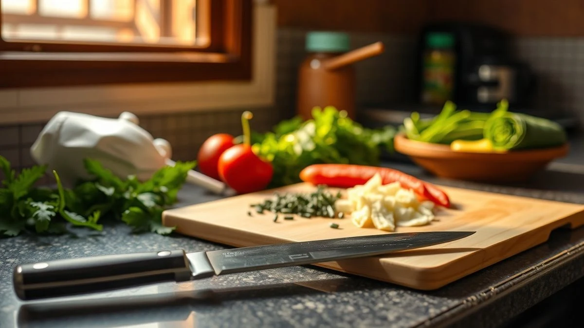 Encimera de cocina con cuchillo de chef y tabla de cortar, verduras frescas al fondo, luz natural cálida