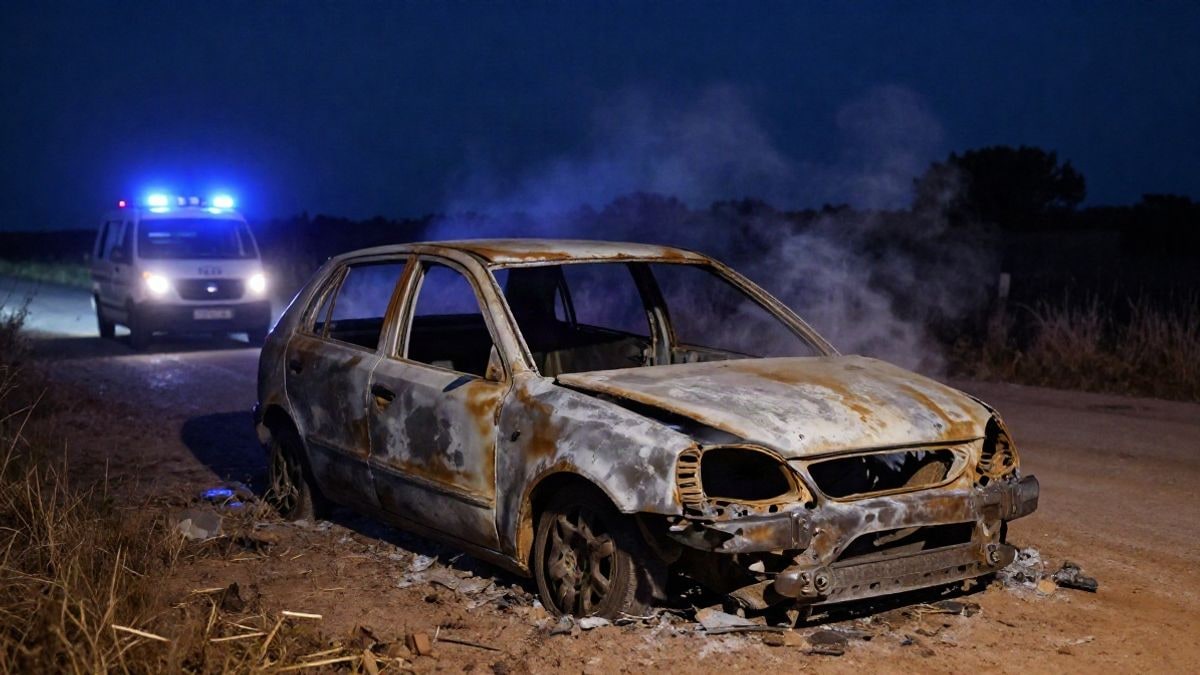 Imagen ilustrativa: coche calcinado en un camino rural de noche bajo luces de emergencia