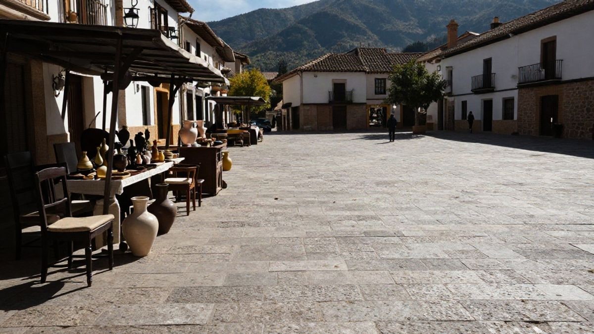 Imagen ilustrativa: plaza de un pueblo serrano con puestos de antigüedades y cerámica al atardecer
