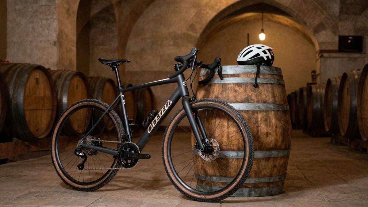 Imagen ilustrativa: una bicicleta de gravel apoyada contra una barrica de vino en una bodega histórica con arcos de piedra.