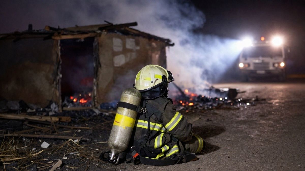 Imagen ilustrativa: casco y equipo de bombero junto a una chabola quemada de noche