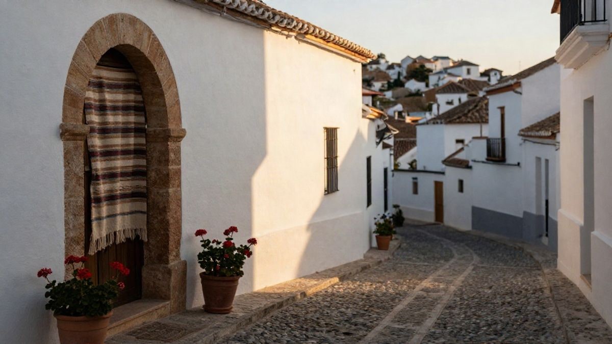 Imagen ilustrativa: calle empedrada de un pueblo blanco andaluz con arco de piedra y macetas al atardecer