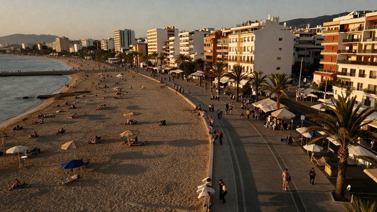 Imagen ilustrativa: vista aérea de un paseo marítimo con sombrillas en una playa al atardecer