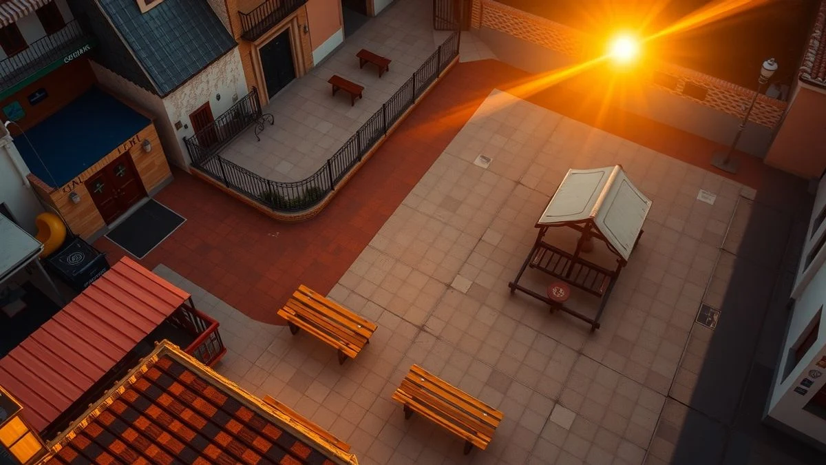 Imagen ilustrativa: vista aérea de una plaza de un pueblo español al atardecer, con bancos vacíos y un parque infantil en sombra.