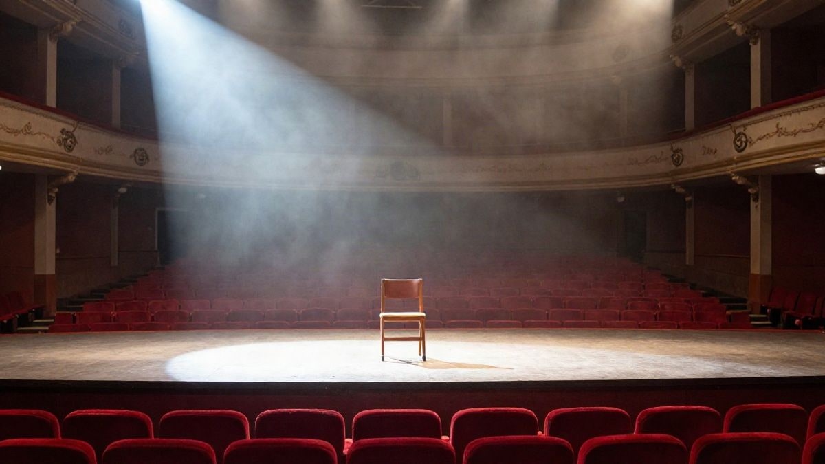 Imagen ilustrativa: escenario de teatro vacío con butacas de terciopelo rojo y un foco de luz cayendo en diagonal