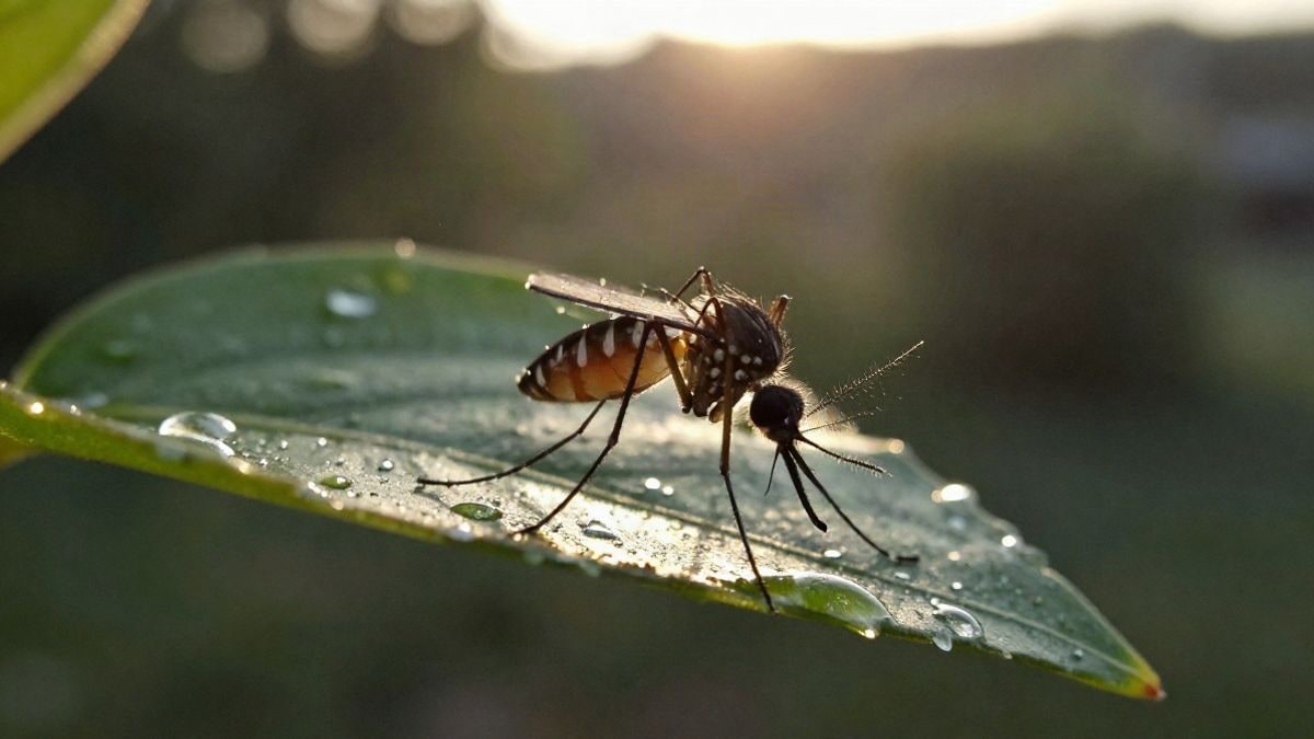 Imagen ilustrativa: un mosquito posado sobre una hoja con gotas de agua, iluminado por el sol del atardecer.