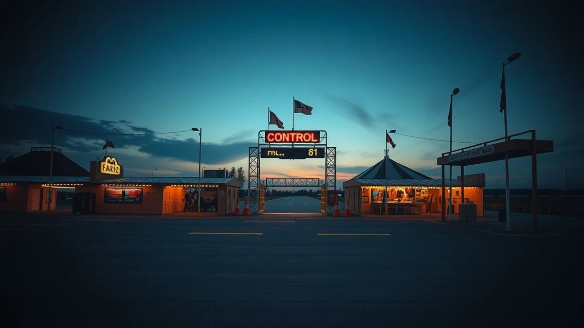 Imagen ilustrativa: amplio recinto ferial vacío al atardecer, con una portada de feria y un centro de control, sin personas visibles.