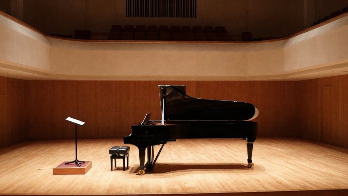 Imagen ilustrativa: escenario de un auditorio con un piano de cola y atriles vacíos bajo luces cálidas