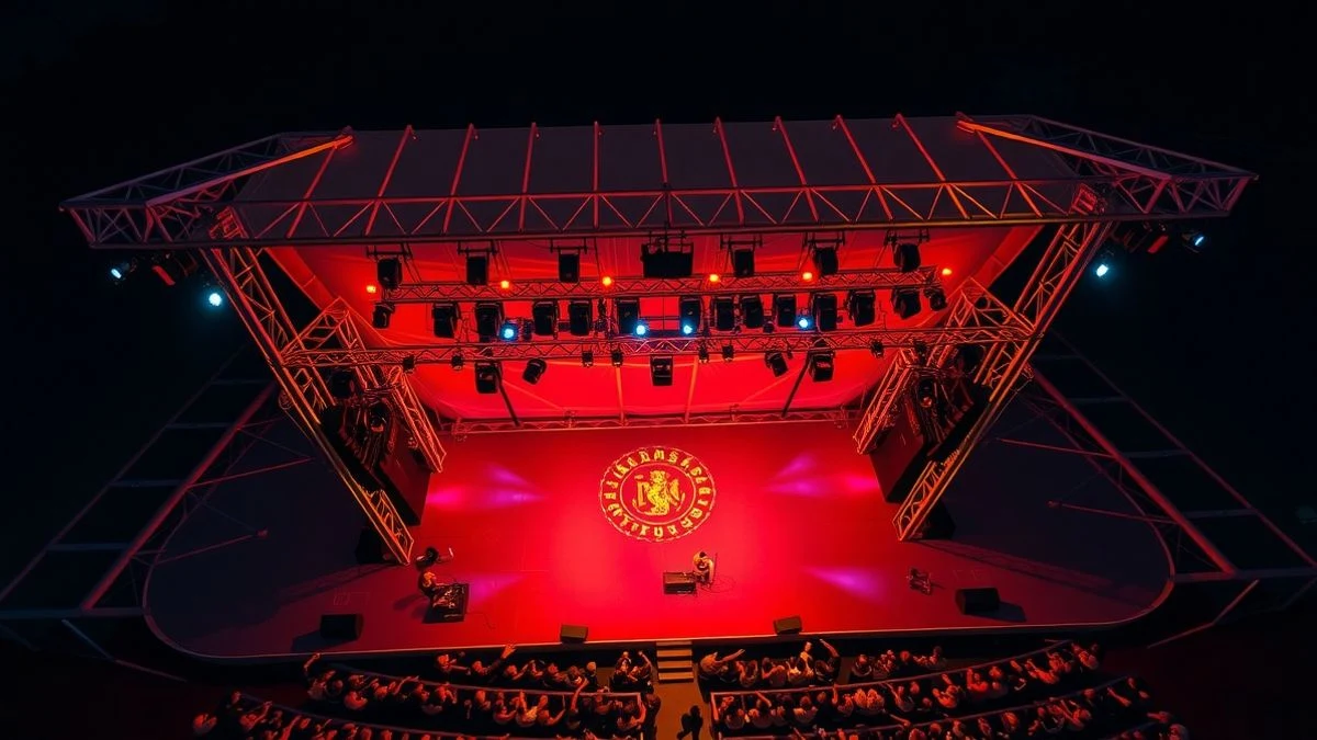 Imagen ilustrativa: vista cenital de un escenario de festival iluminado por la noche, con el público de espaldas y sin caras reconocibles