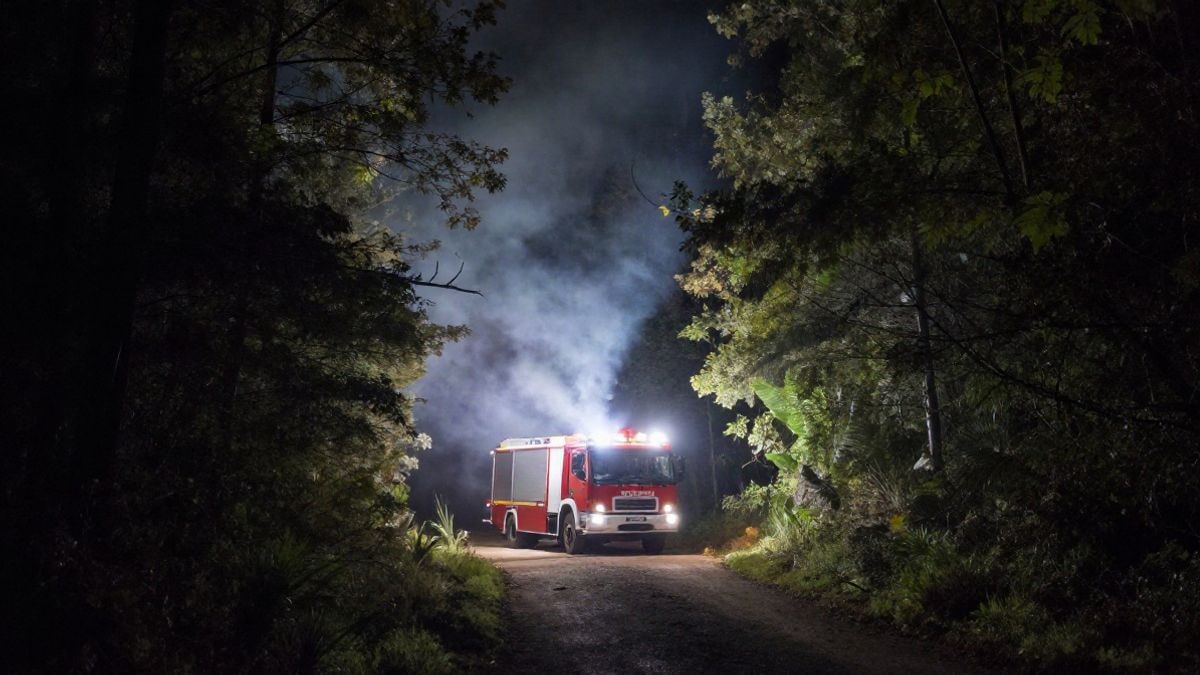 Imagen ilustrativa: un camión de bomberos en una zona forestal de noche iluminada por focos