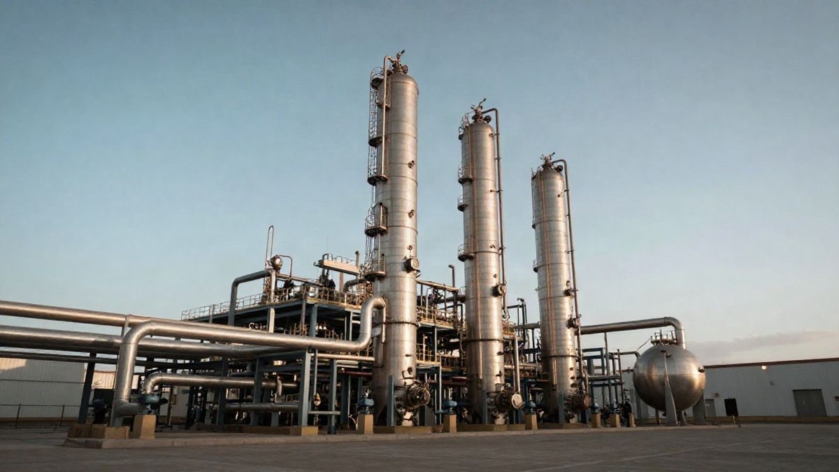 Imagen ilustrativa: vista en ángulo bajo de una planta química industrial con tuberías y depósitos, cielo despejado al fondo