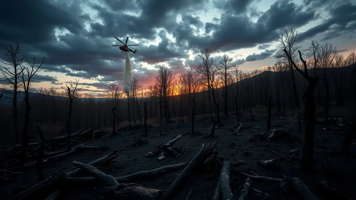 Imagen ilustrativa: paisaje de bosque quemado con troncos calcinados y helicóptero descargando agua al fondo.