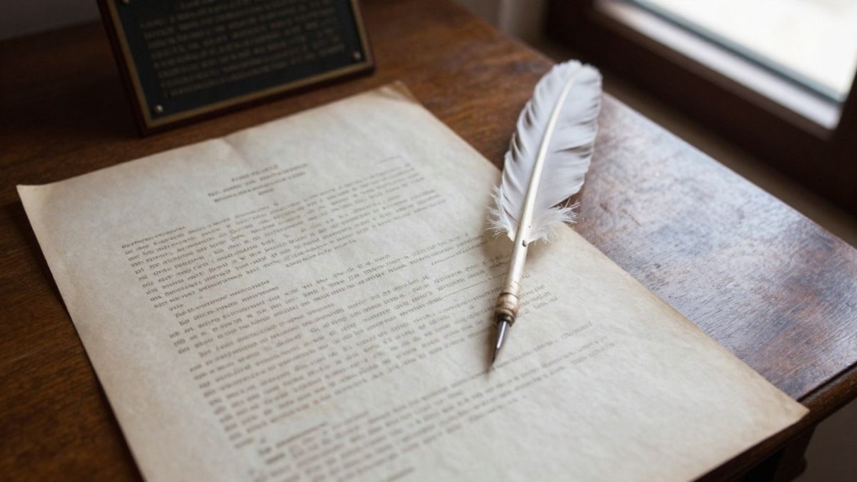 Imagen ilustrativa: vista cenital de un documento de archivo antiguo con una pluma y una placa conmemorativa sobre una mesa de madera