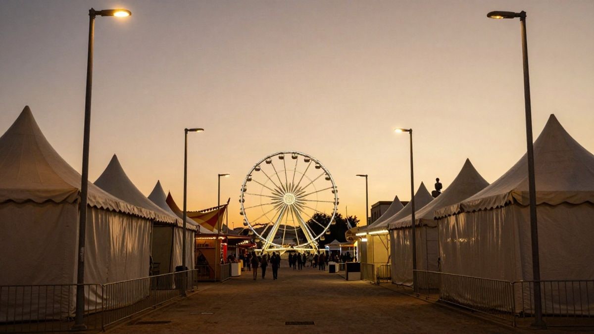Imagen ilustrativa: gran angular de una noria y casetas de feria al atardecer con luces cálidas