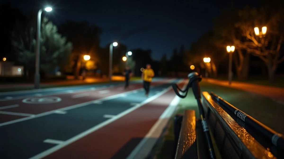 Par de bastones de marcha nórdica apoyados en un banco de un parque nocturno, con iluminación artificial tenue.