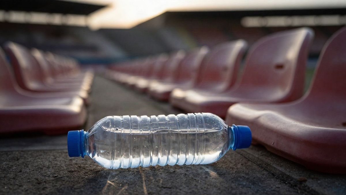 Imagen ilustrativa: primer plano de una botella de agua en el suelo junto a un asiento de estadio con gradas desenfocadas al fondo