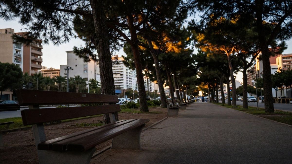 Imagen ilustrativa: sendero de un parque urbano con pinos y un banco bajo la luz del atardecer