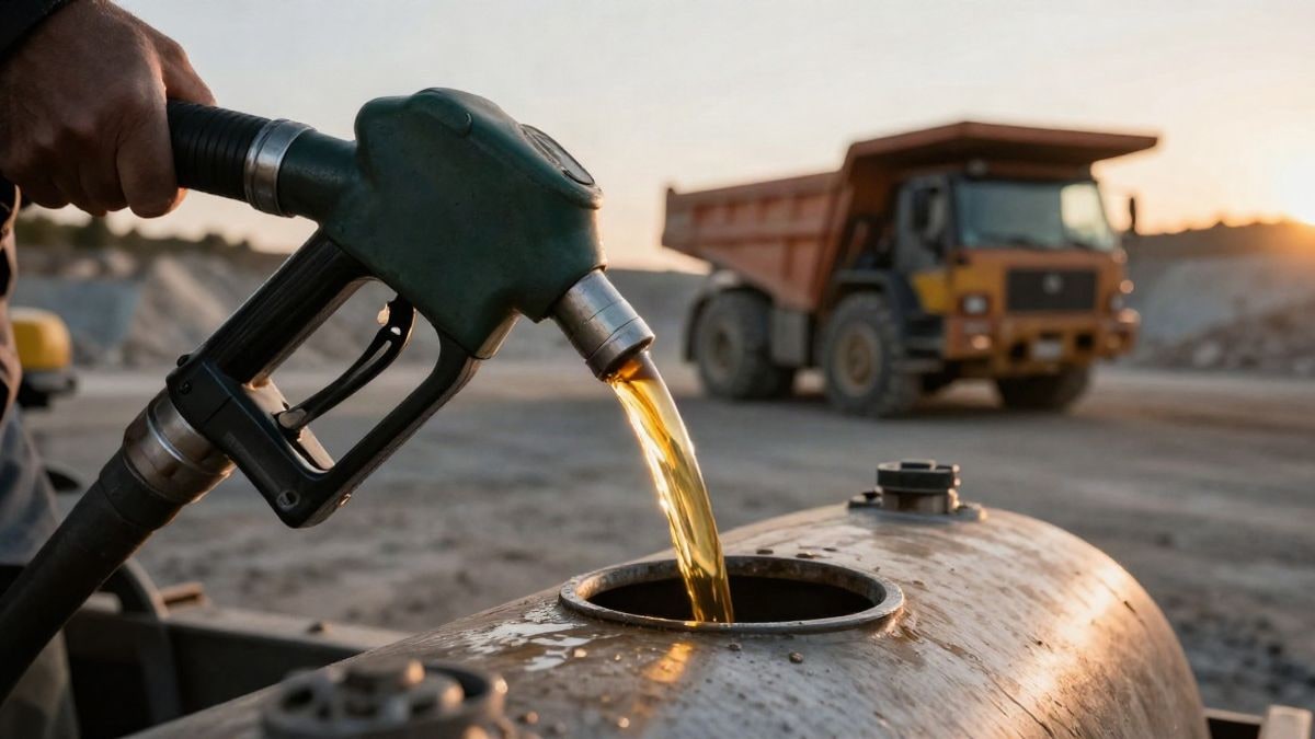 Imagen ilustrativa: primer plano de una manguera de combustible repostando en una máquina pesada en una mina