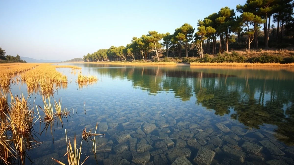 Imagen ilustrativa: una laguna temporal rodeada de pinos y vegetación, con el agua reflectante bajo la luz matutina.