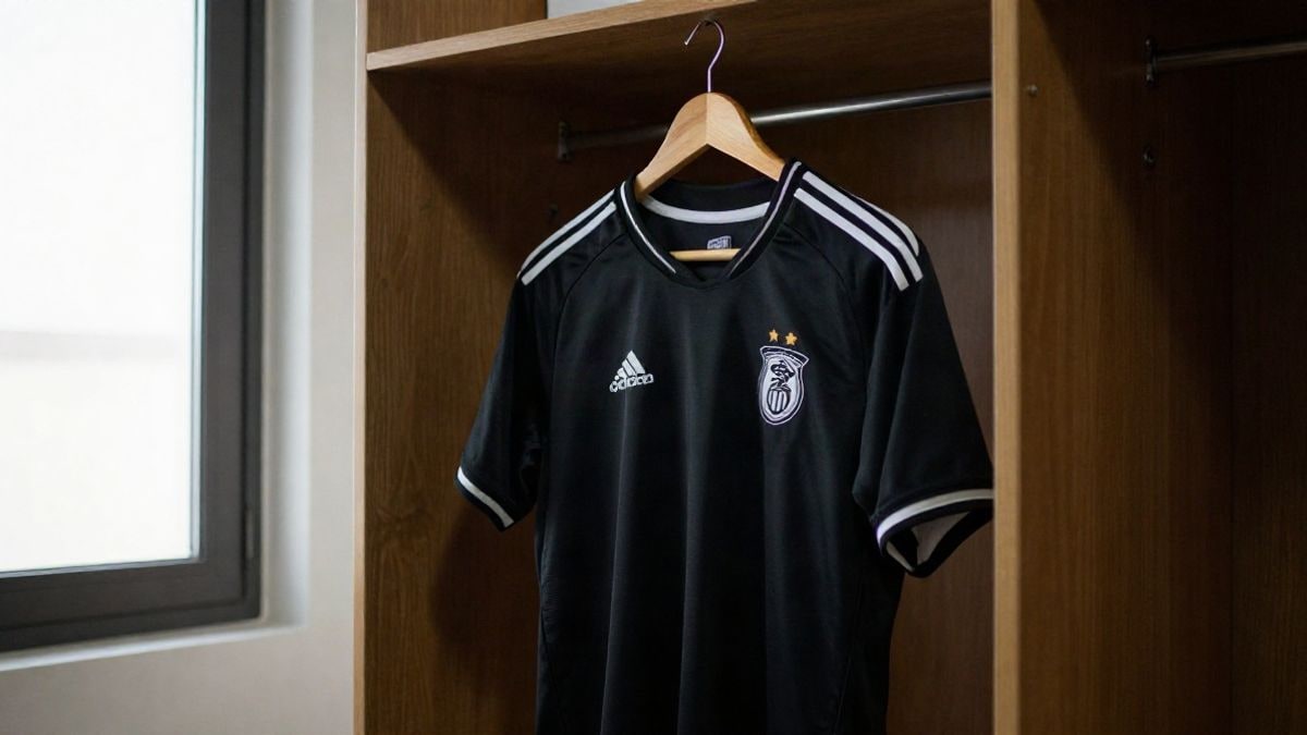 Imagen ilustrativa: camiseta negra de fútbol colgada en un vestuario con luz lateral
