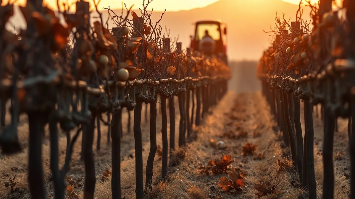 Viñedo con cepas marchitas al atardecer, con un tractor pequeño al fondo