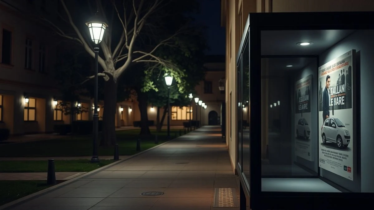 Fachada nocturna de la sede de la UNIA en La Rábida iluminada por farolas