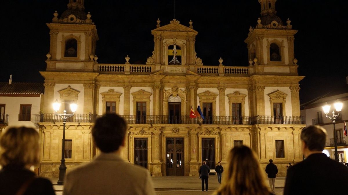 Imagen ilustrativa: fachada de un edificio municipal iluminada por farolas en un pueblo español