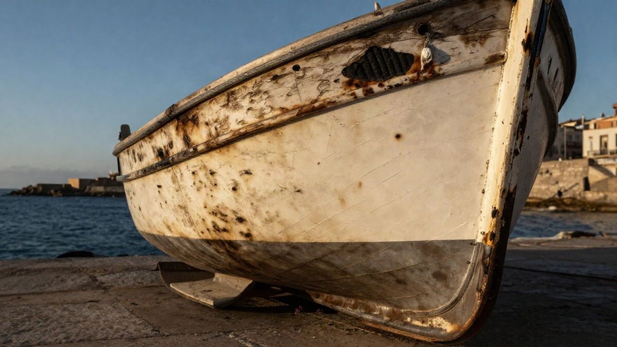 Imagen ilustrativa: casco de madera de una barca pesquera con marcas de humo, junto a un muelle al atardecer