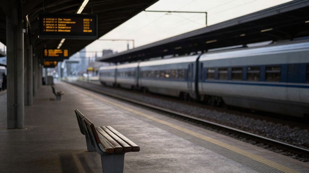 Imagen ilustrativa: andén de estación de tren con un banco y un panel de salidas al fondo, iluminado al atardecer