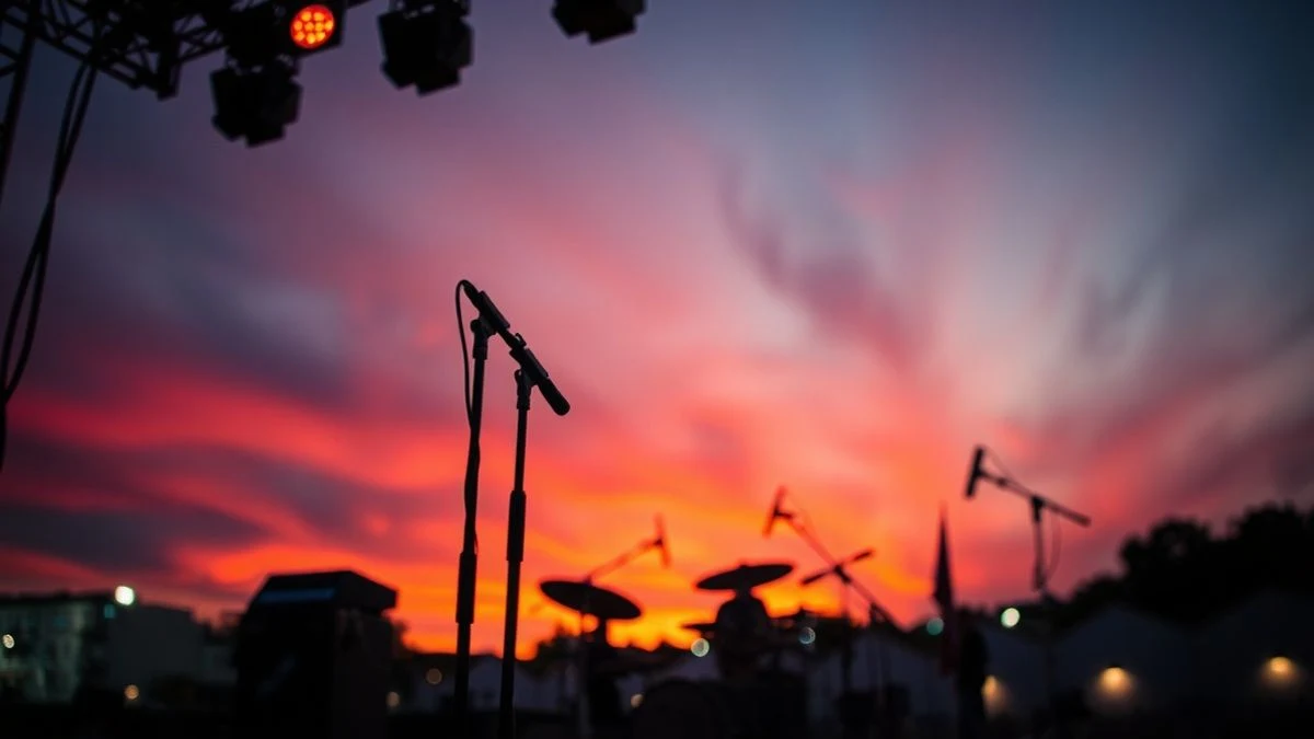 Imagen ilustrativa: escenario de concierto al atardecer con micrófono y luces de fondo