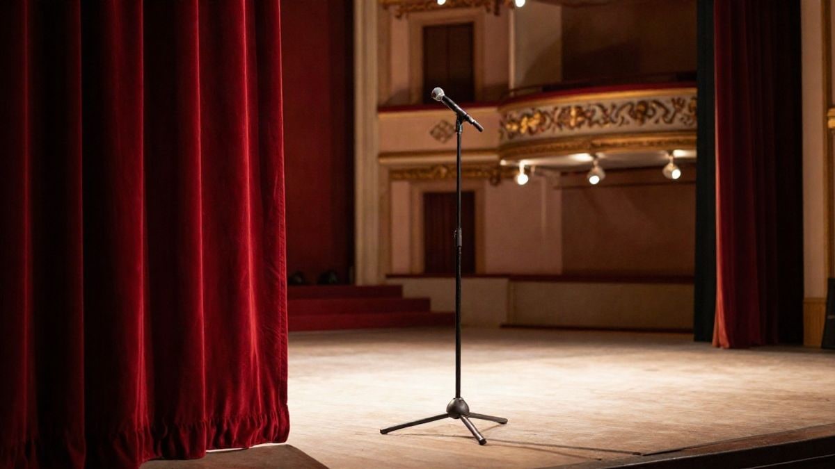 Imagen ilustrativa: escenario de un teatro vacío con un micrófono bajo un foco de luz nocturna