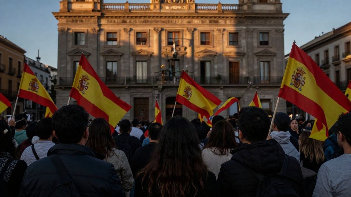 Imagen ilustrativa: un grupo de personas de espaldas con banderas españolas frente a un edificio consistorial genérico al atardecer