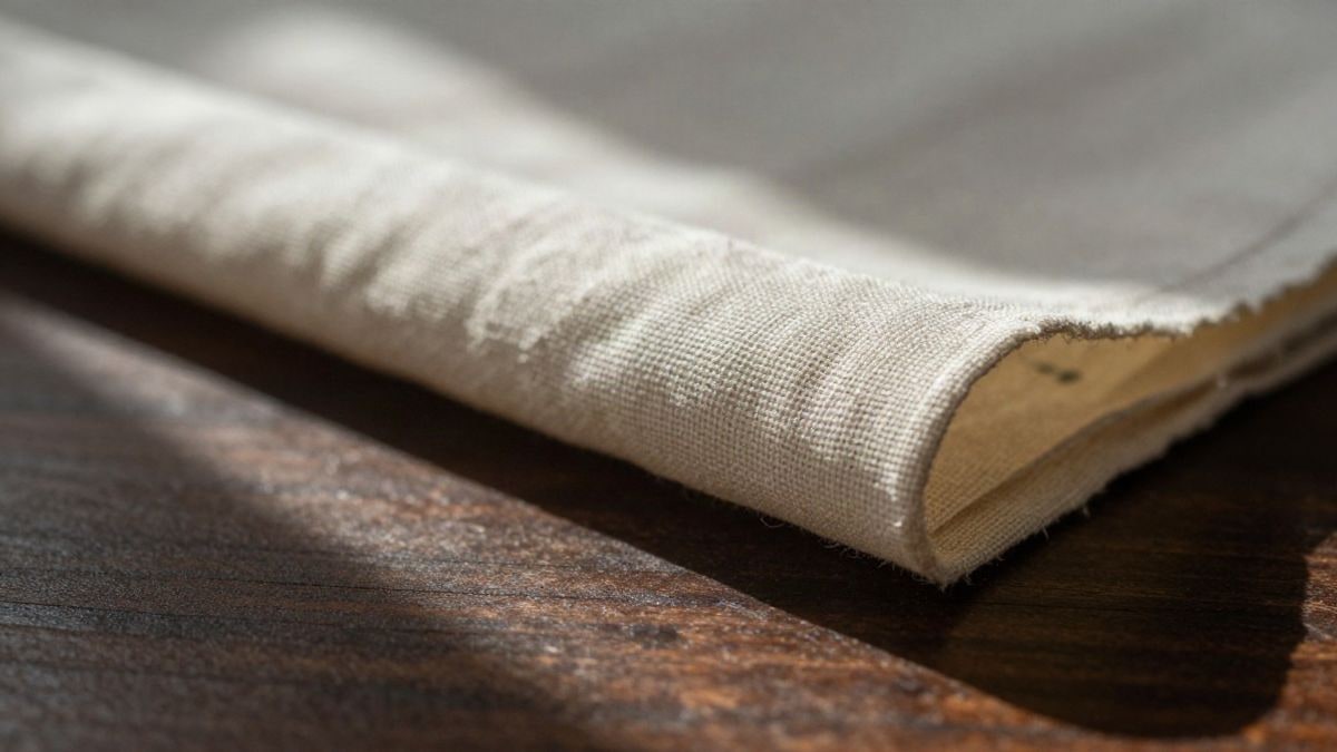 Imagen ilustrativa: primer plano de un pliegue de tela de lino antiguo sobre una mesa de madera iluminada por luz natural