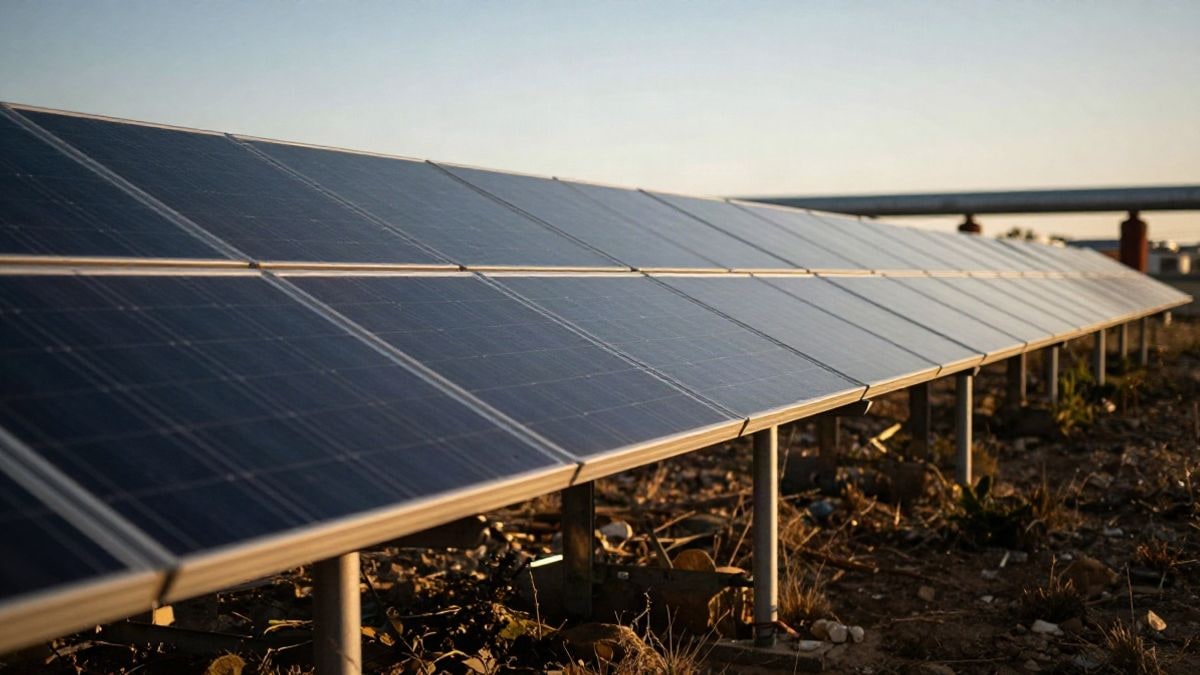 Imagen ilustrativa: vista lateral de paneles solares en un campo con tuberías industriales al fondo