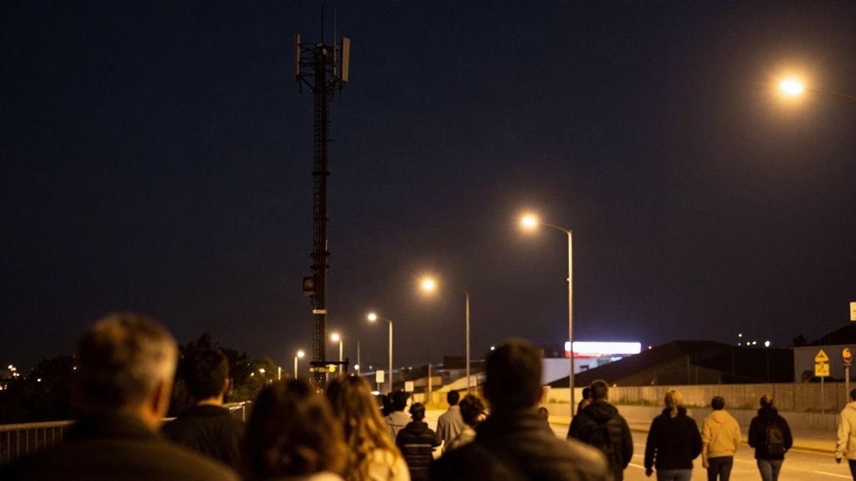 Imagen ilustrativa: un mástil de antena de telefonía recortado contra el cielo nocturno, con farolas y luz de neón tenue al fondo