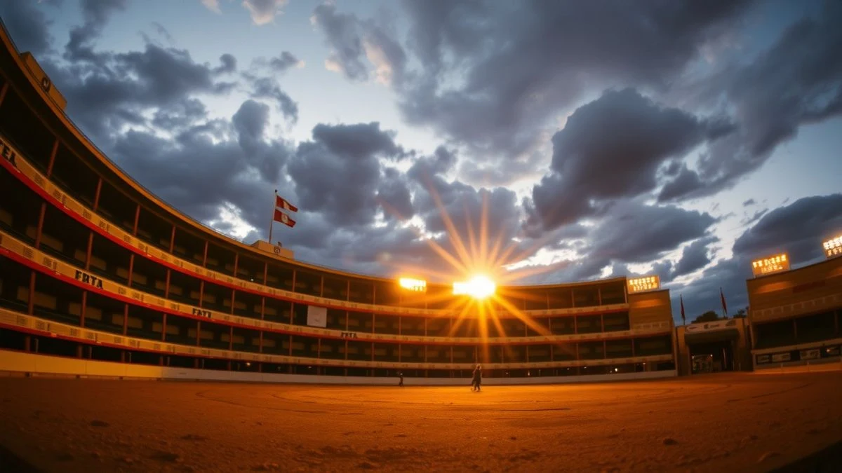 Imagen ilustrativa: ruedo de una plaza de toros vacía al atardecer, con el cielo nublado y la arena en primer plano.