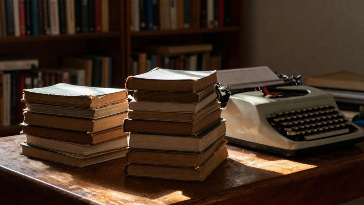 Imagen ilustrativa: montón de libros antiguos y una máquina de escribir sobre una mesa de madera con luz de atardecer a contraluz
