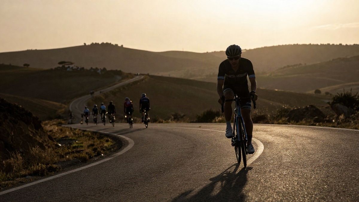 Imagen ilustrativa: ciclista en una carretera rural al atardecer, con silueta a contraluz y sombras largas