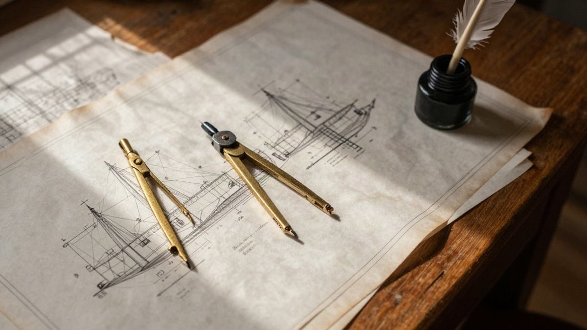 Imagen ilustrativa: mesa antigua vista desde arriba con planos de barcos de madera, un compás y una pluma de ave junto a un tintero