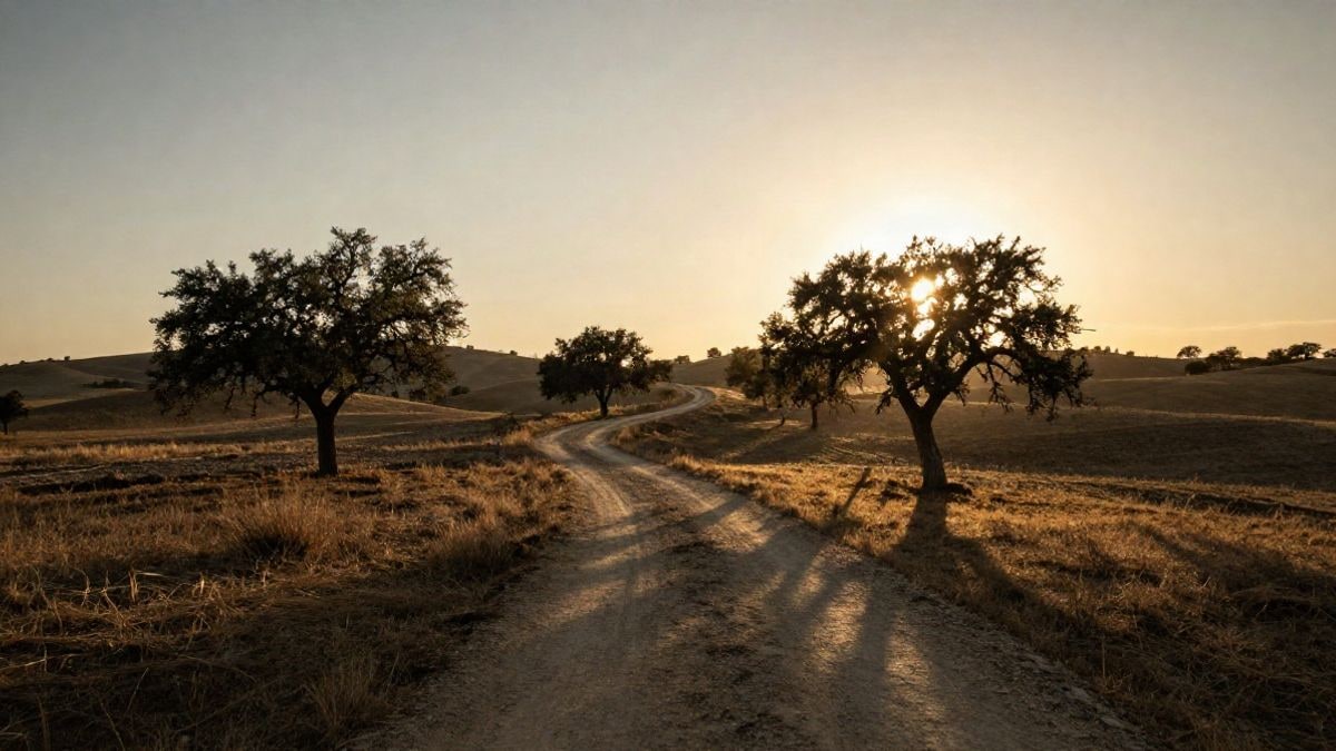 Imagen ilustrativa: paisaje rural al atardecer con un sendero entre colinas y sombras largas