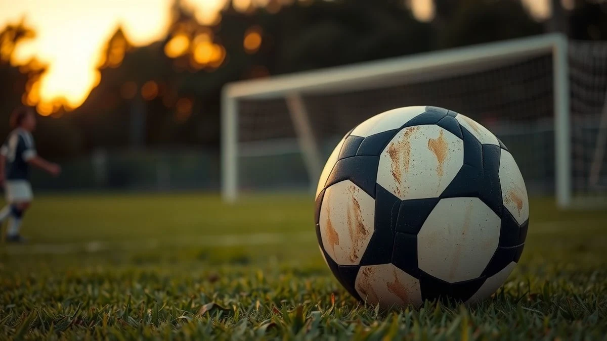 Primer plano de un balón de fútbol sobre el césped al atardecer, con una portería al fondo