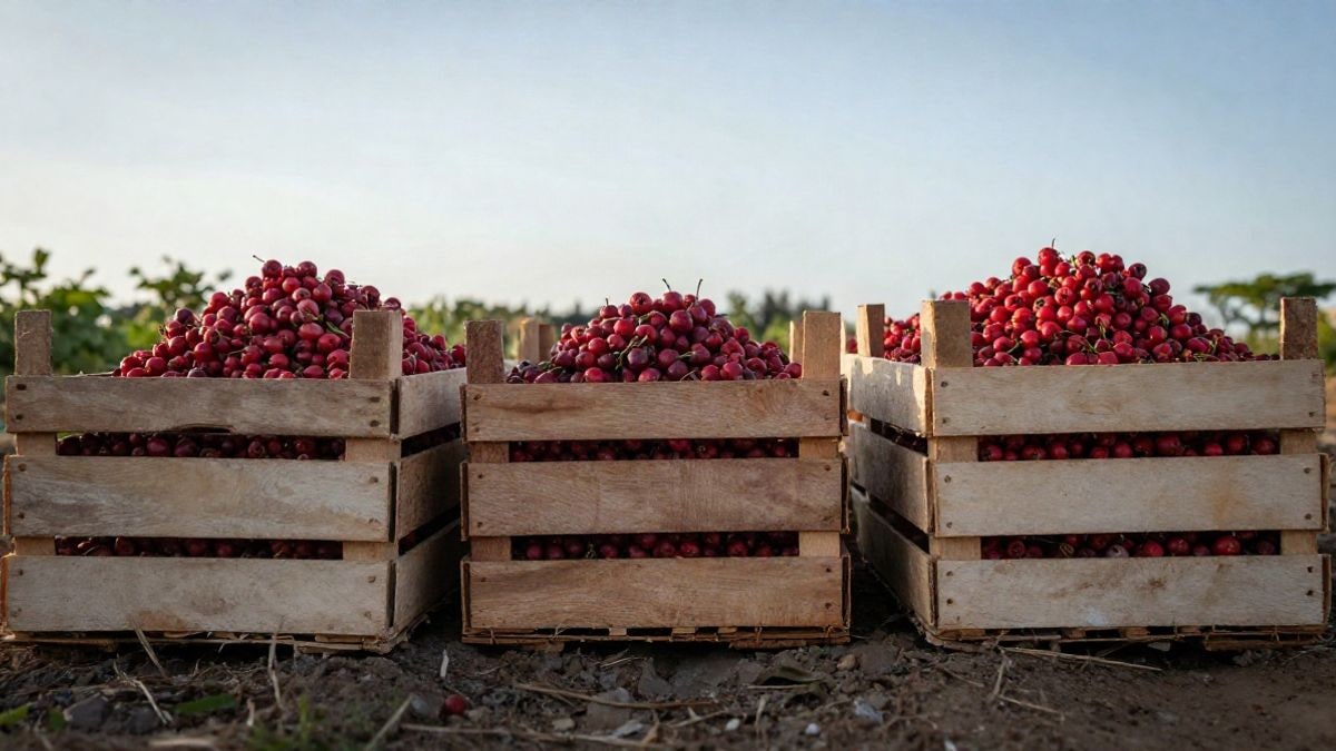 Imagen ilustrativa: cajas de frutos rojos maduros sobre un campo agrícola bajo un cielo despejado