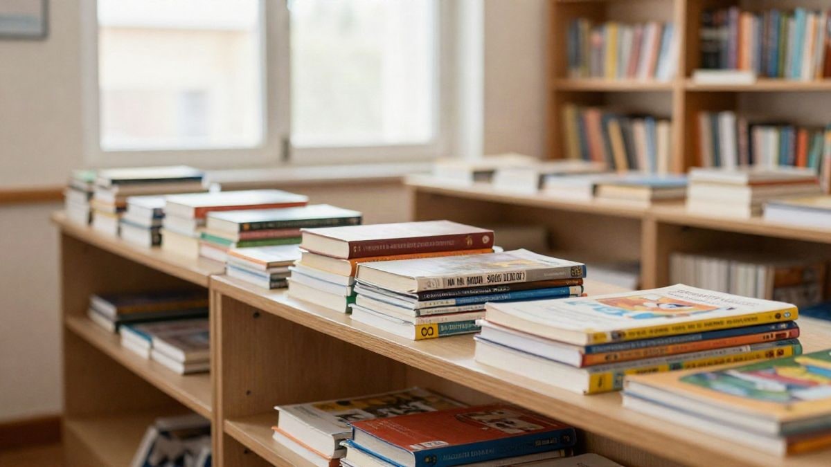 Imagen ilustrativa: sala de juegos infantil luminosa con estanterías de juguetes y libros, sin personas.