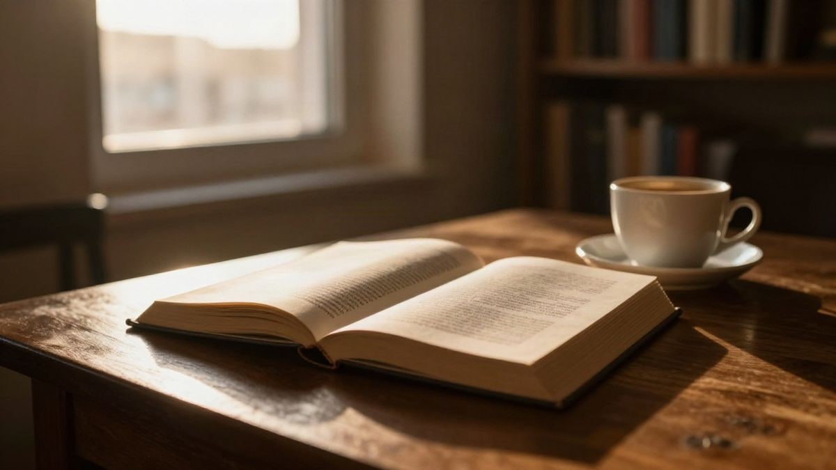 Imagen ilustrativa: un libro abierto sobre una mesa de madera junto a una taza de café, iluminado por la luz cálida del atardecer
